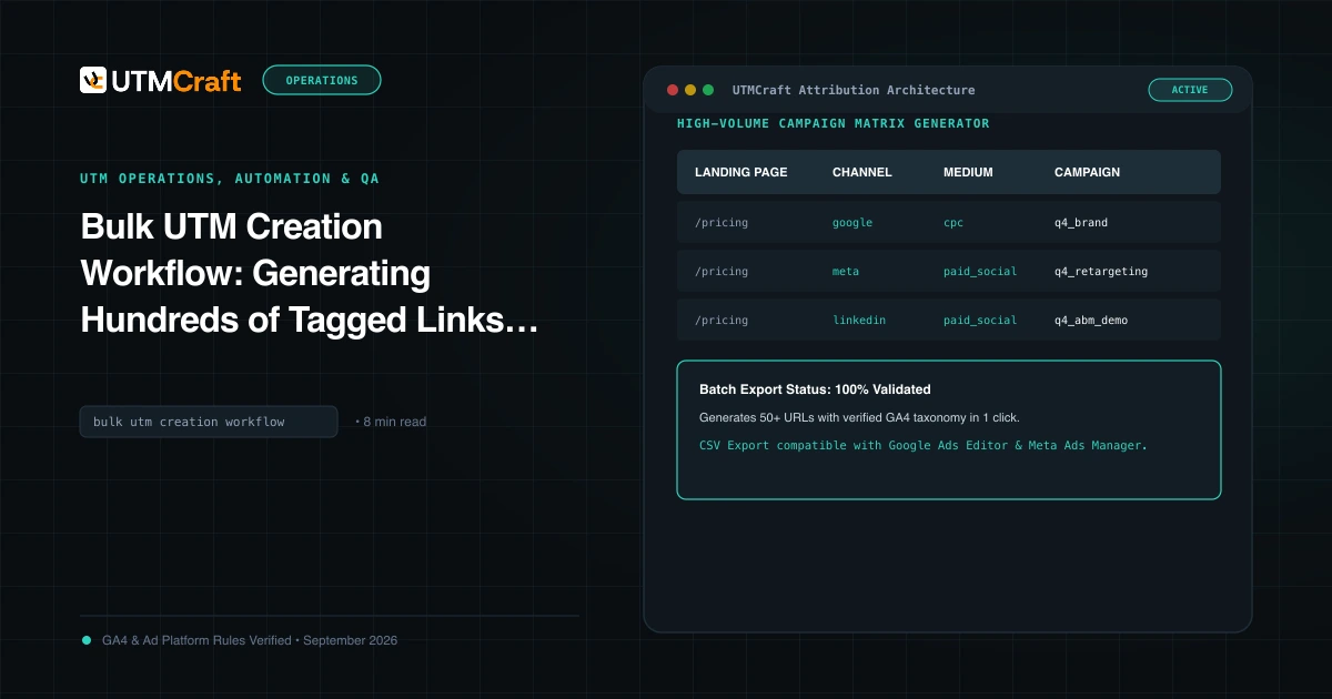 Workflow graphic depicting a bulk campaign URL matrix generating hundreds of tagged URLs for multi-channel distribution