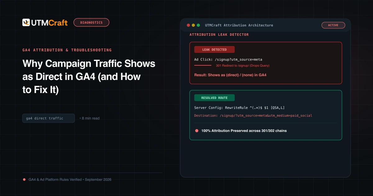 Flowchart showing how paid campaign traffic degrades into Direct traffic through redirects and missing UTMs