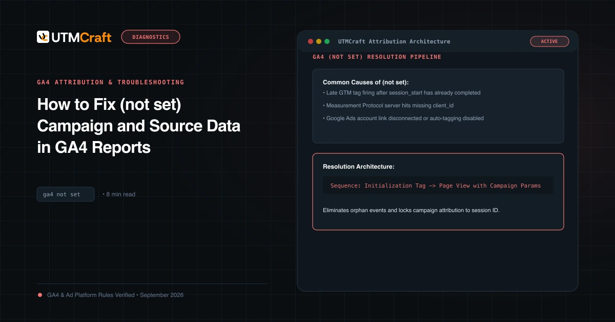 Visual guide explaining why GA4 displays (not set) for campaign and source dimensions