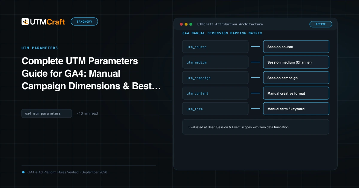 Technical schematic detailing the 9 UTM parameters mapping to GA4 session and event dimensions