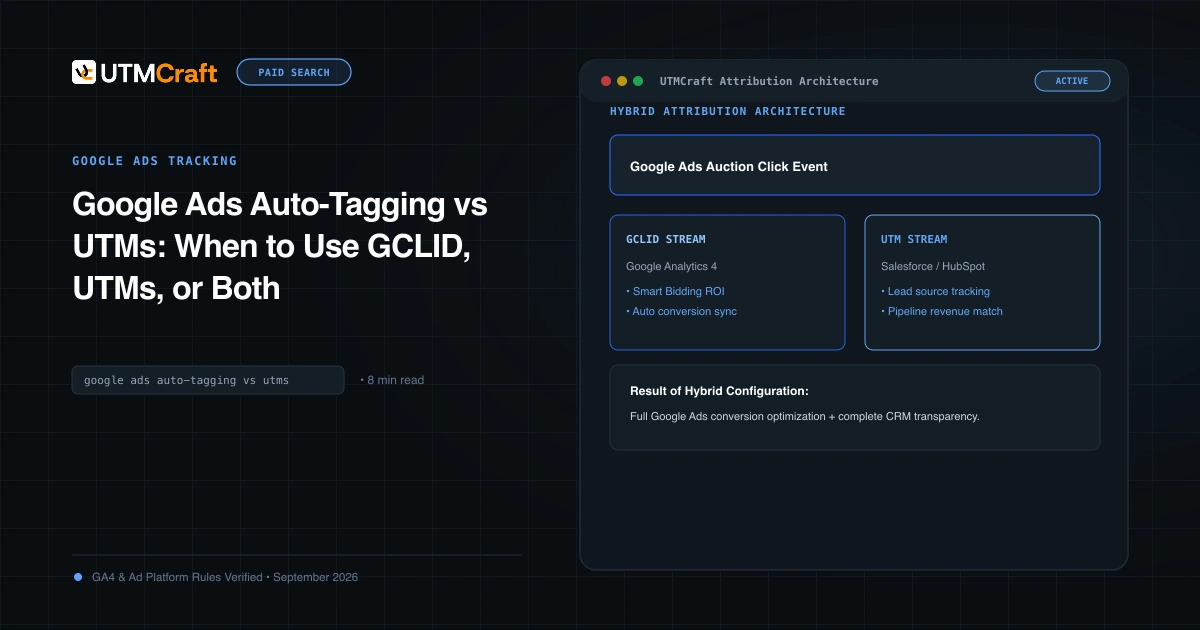 Comparison graphic showing how GCLID and UTM parameters flow into GA4 and third-party CRMs