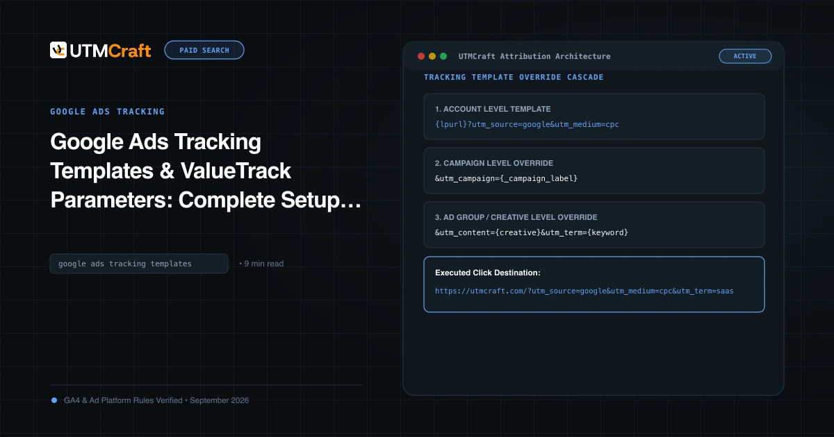 UI walkthrough showing where to configure account-level tracking templates and URL options in Google Ads