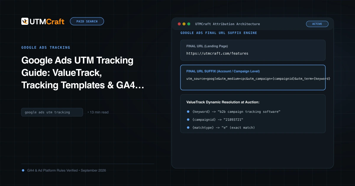 Architectural diagram of Google Ads ValueTrack parameters populating UTM tracking templates across campaigns