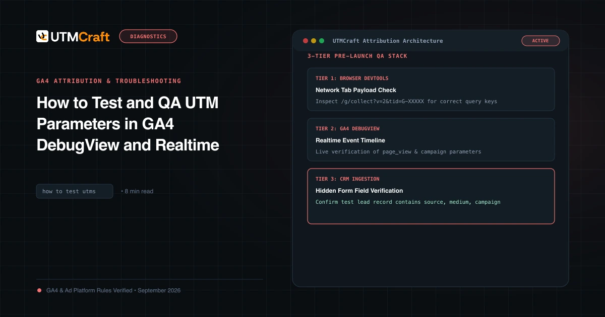 Walkthrough illustration of testing a campaign link in GA4 DebugView and inspecting incoming event parameters