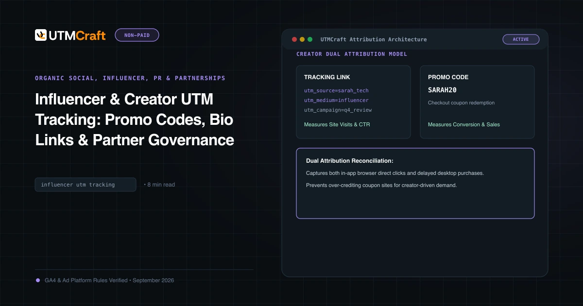 Diagram showing how creator links, story stickers, and promo codes route attribution into GA4
