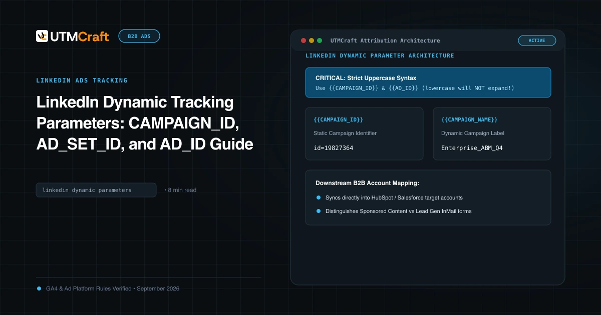 Technical diagram showing LinkedIn dynamic tokens expanding upon ad click into CRM lead records