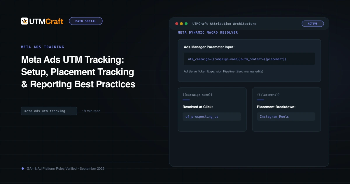 Graphic showing how to paste UTM parameters into Meta Ads Manager tracking field