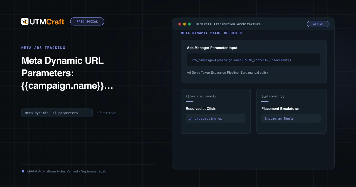 Syntax illustration of Meta dynamic macro tokens expanding into actual campaign names upon click