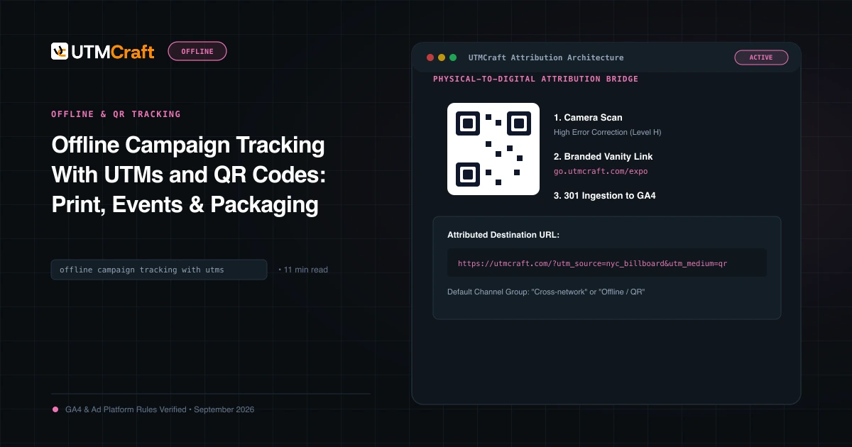 Omnichannel diagram depicting physical touchpoints (flyers, QR codes, event booths) routing into GA4