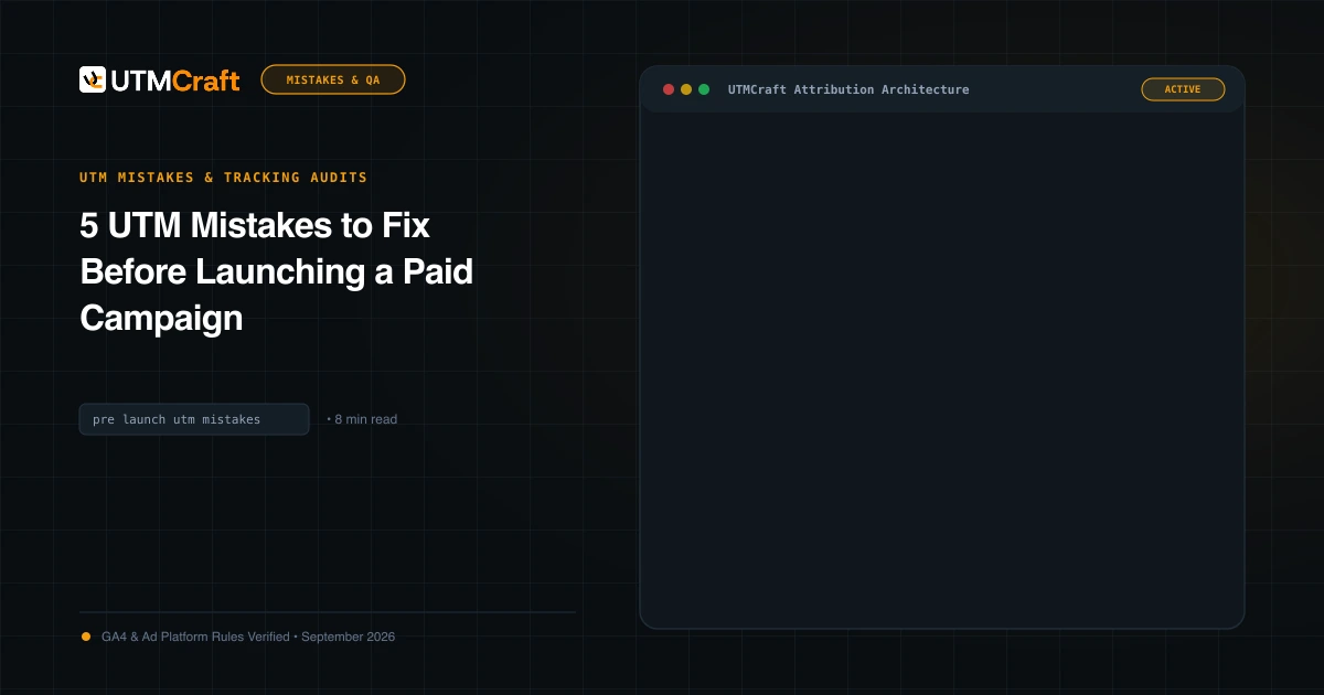 Pre-flight marketing QA checklist showing verified UTM parameters and test click validation in GA4