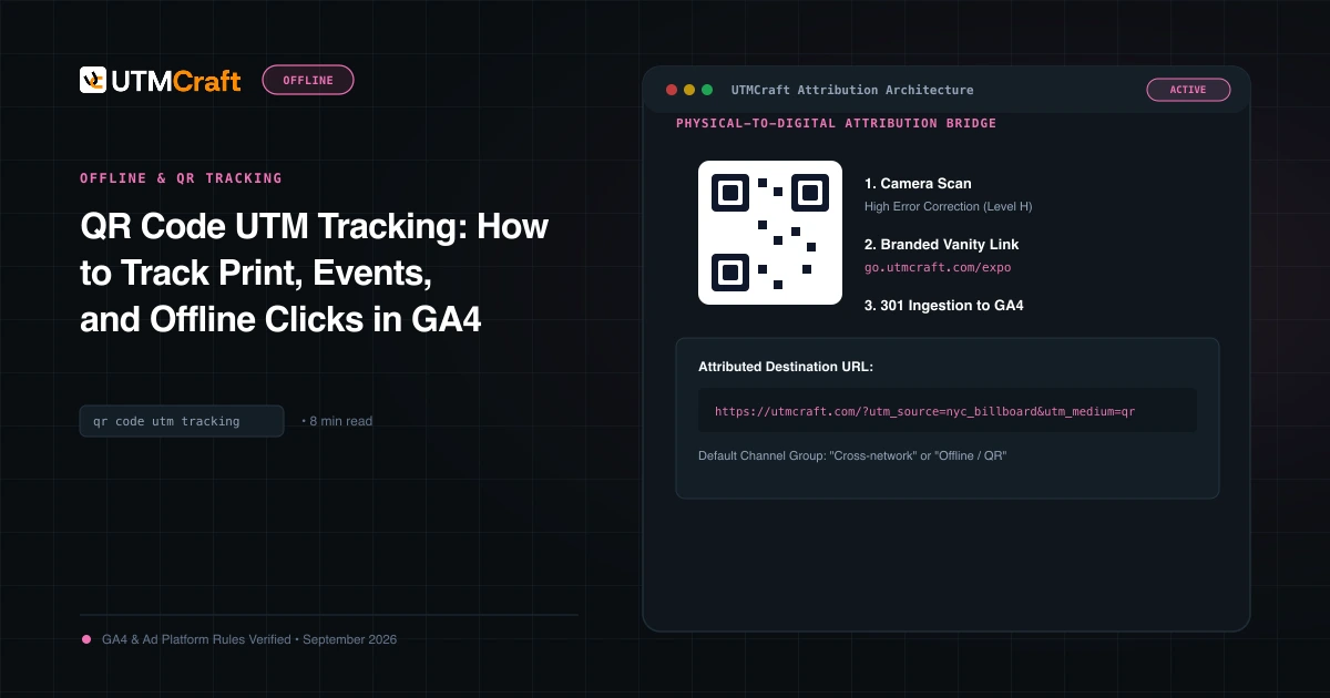 Infographic illustrating QR code generation with UTM parameters and scanning verification on mobile devices