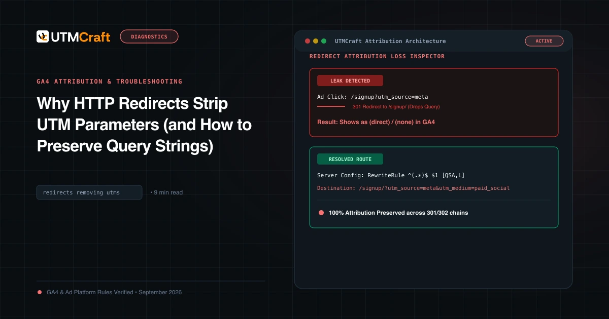Technical diagram showing how an HTTP 301 redirect strips query parameters vs preserving them with QSA