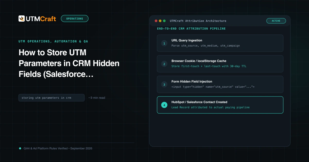 Technical diagram showing incoming UTM query parameters persisting in browser cookies and auto-populating CRM form fields