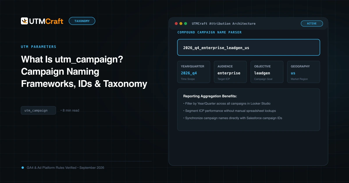 Taxonomy block diagram illustrating the structured tokens that compose an enterprise utm_campaign string
