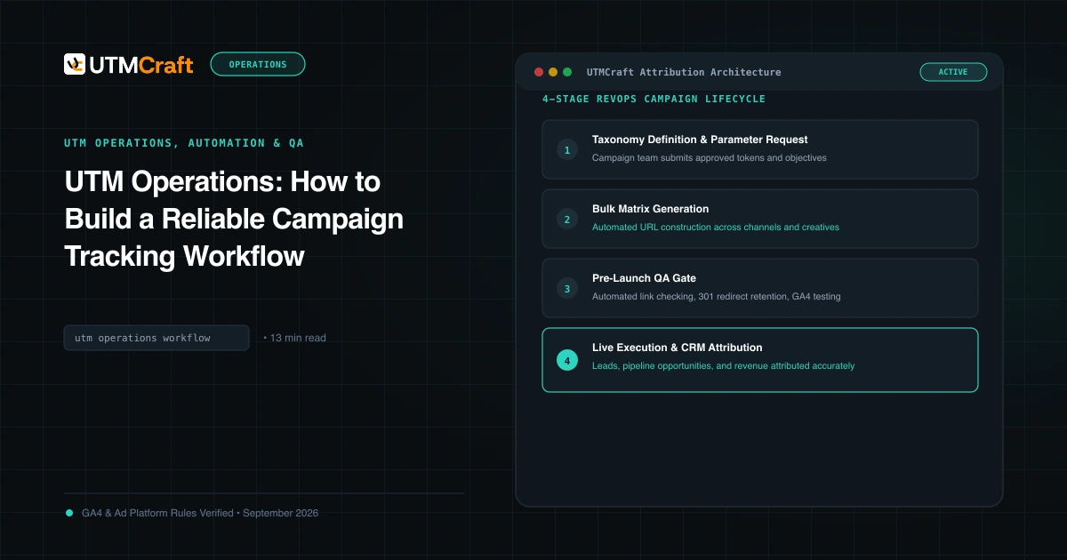 Full-stack operational flow showing campaign link creation, browser storage, hidden form field capture, and CRM ingestion