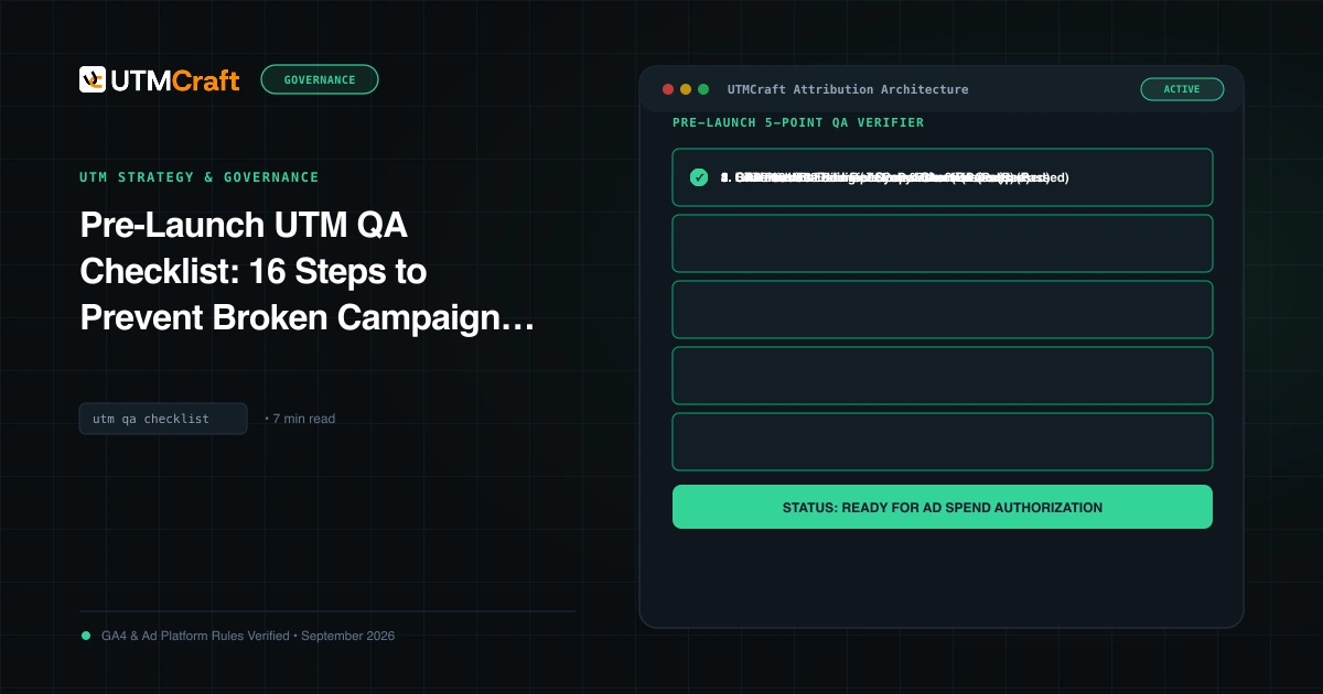 Inspection checklist graphic depicting systematic validation gates for campaign URLs before ad spend launch