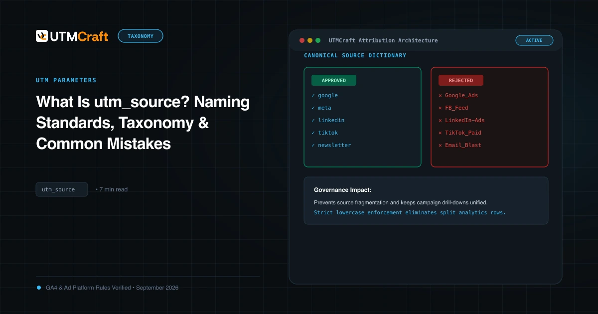 Diagram showing how utm_source values map directly to traffic origin platforms in GA4 acquisition reports